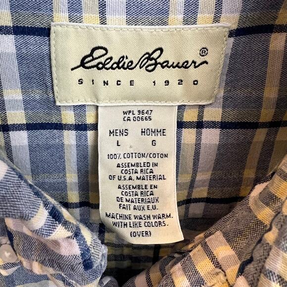 Eddie Bauer Short Sleeve Plaid Button Front Shirt White Blue Yellow Mens Large - Picture 9 of 9